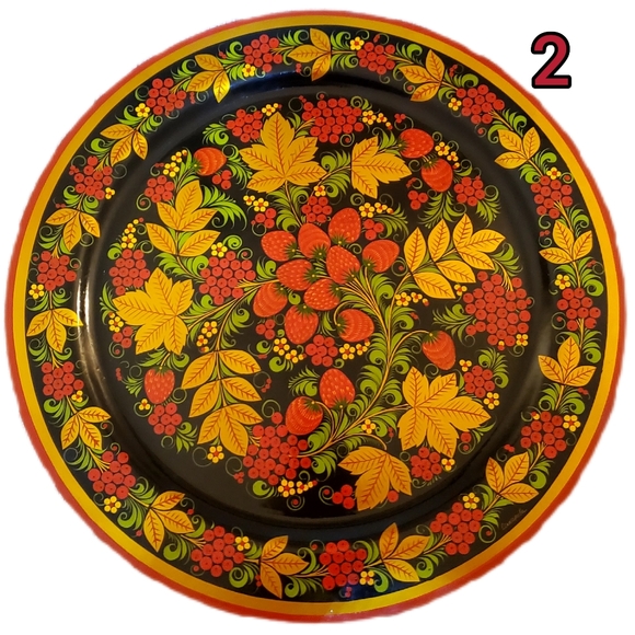 Vntg Russian "Khokhloma" Wooden Platter 16.5", Signed,Hand Painted, Choice of 3 - Picture 3 of 11